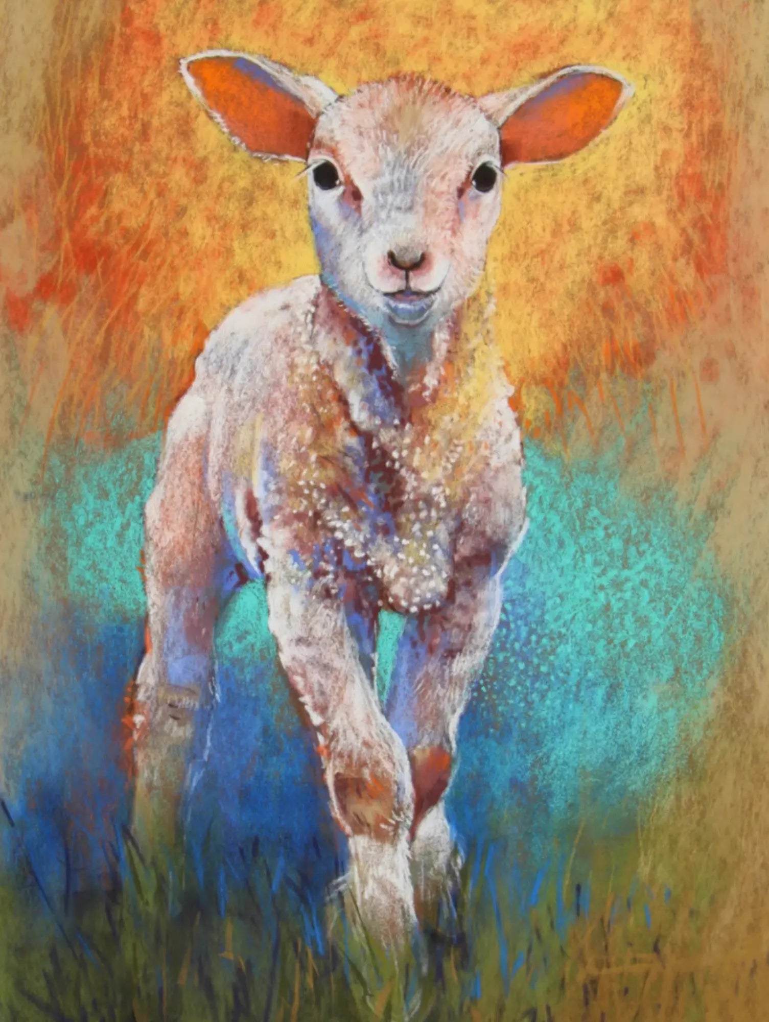 Colorful postcard of a lamb in a field with abstract background