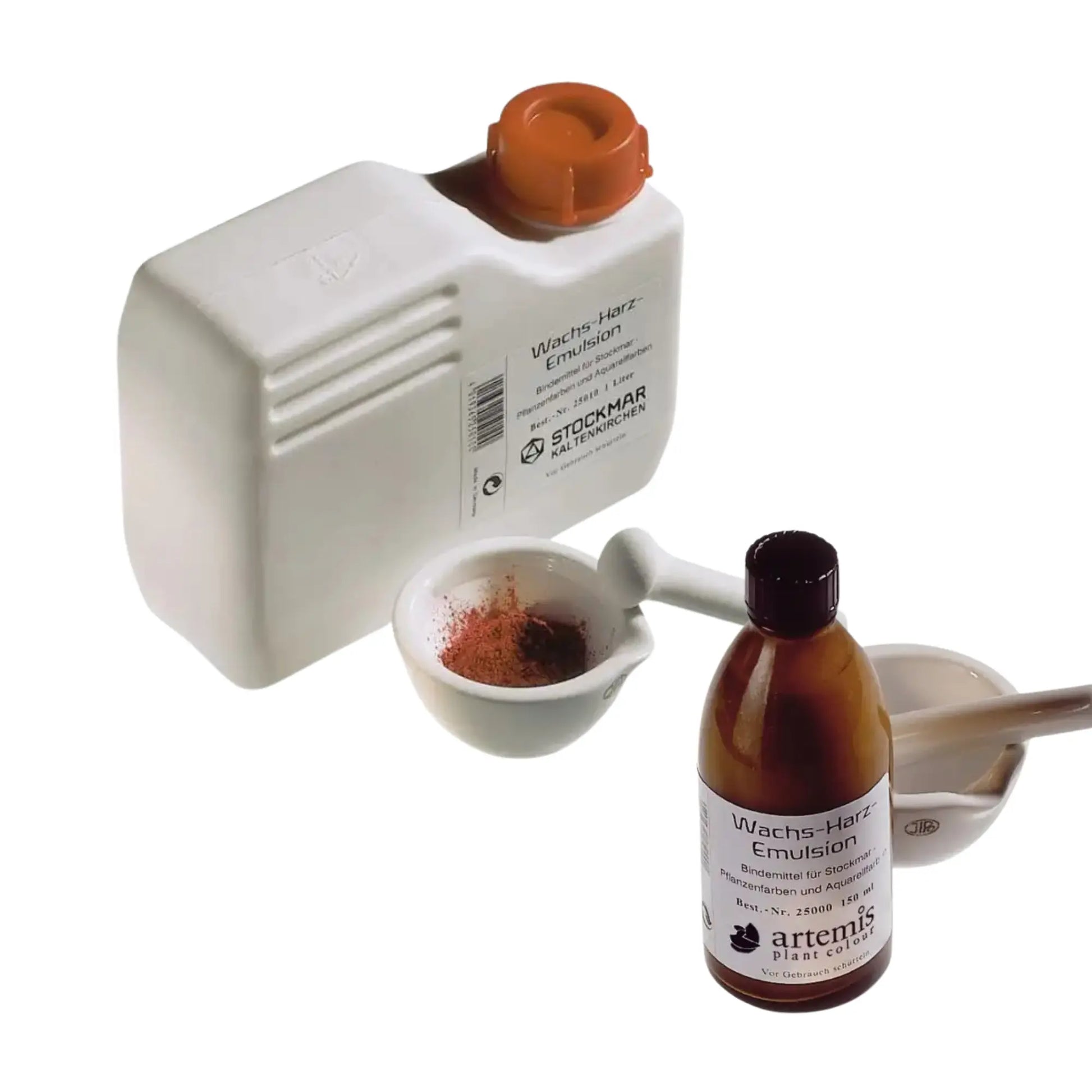 1 Glass bottle and 1 jug of Binding Agent, Artemis Wax & Resin Emulsion next to a mortar and pestle