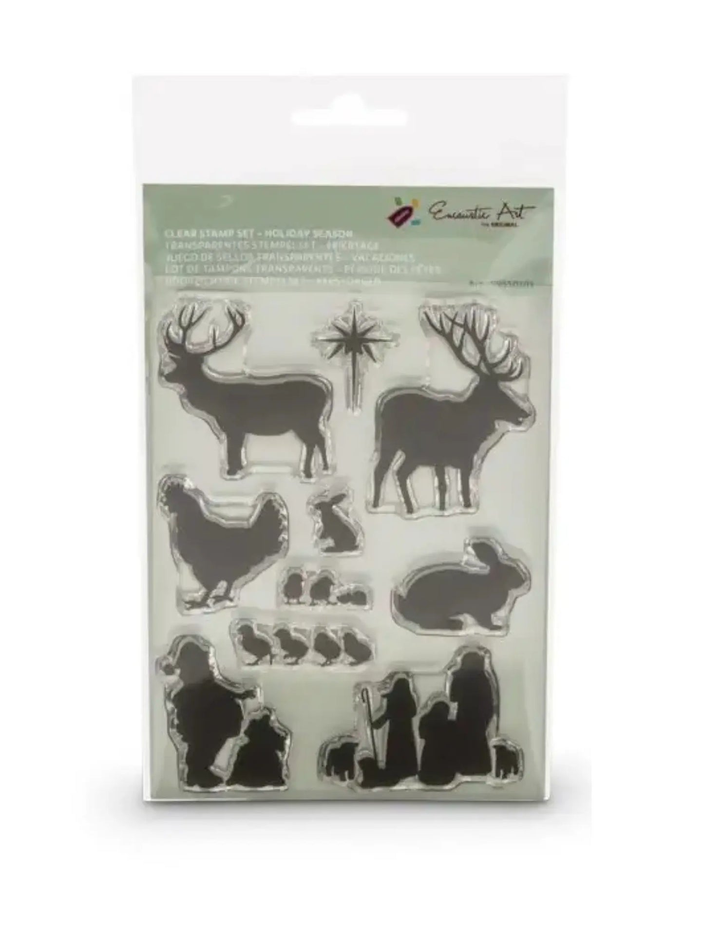 Packaged clear stamp set with animal designs on a white background