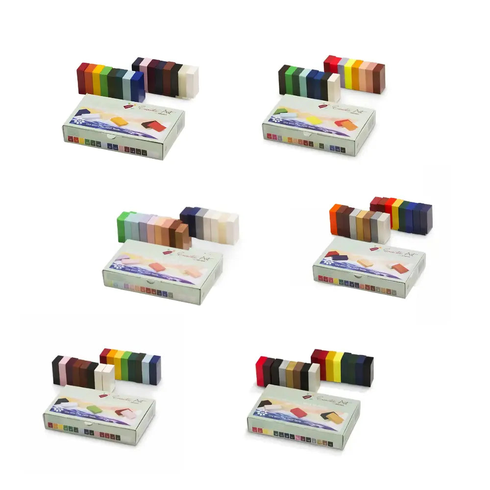 Set of curated encaustic art wax block sets on a white background