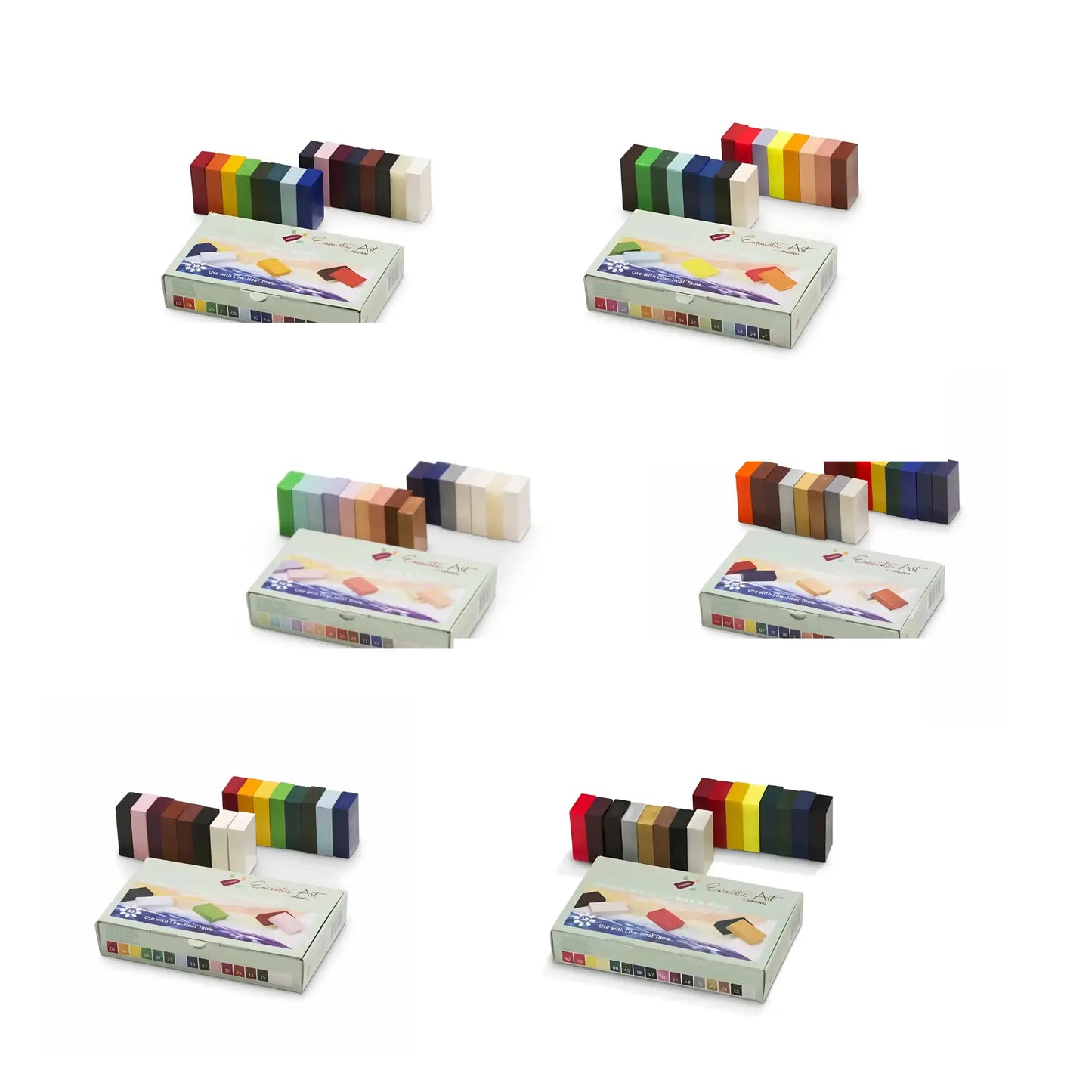 Multiple boxes of colorful Encaustic Art wax block sets arranged in a grid on a white background