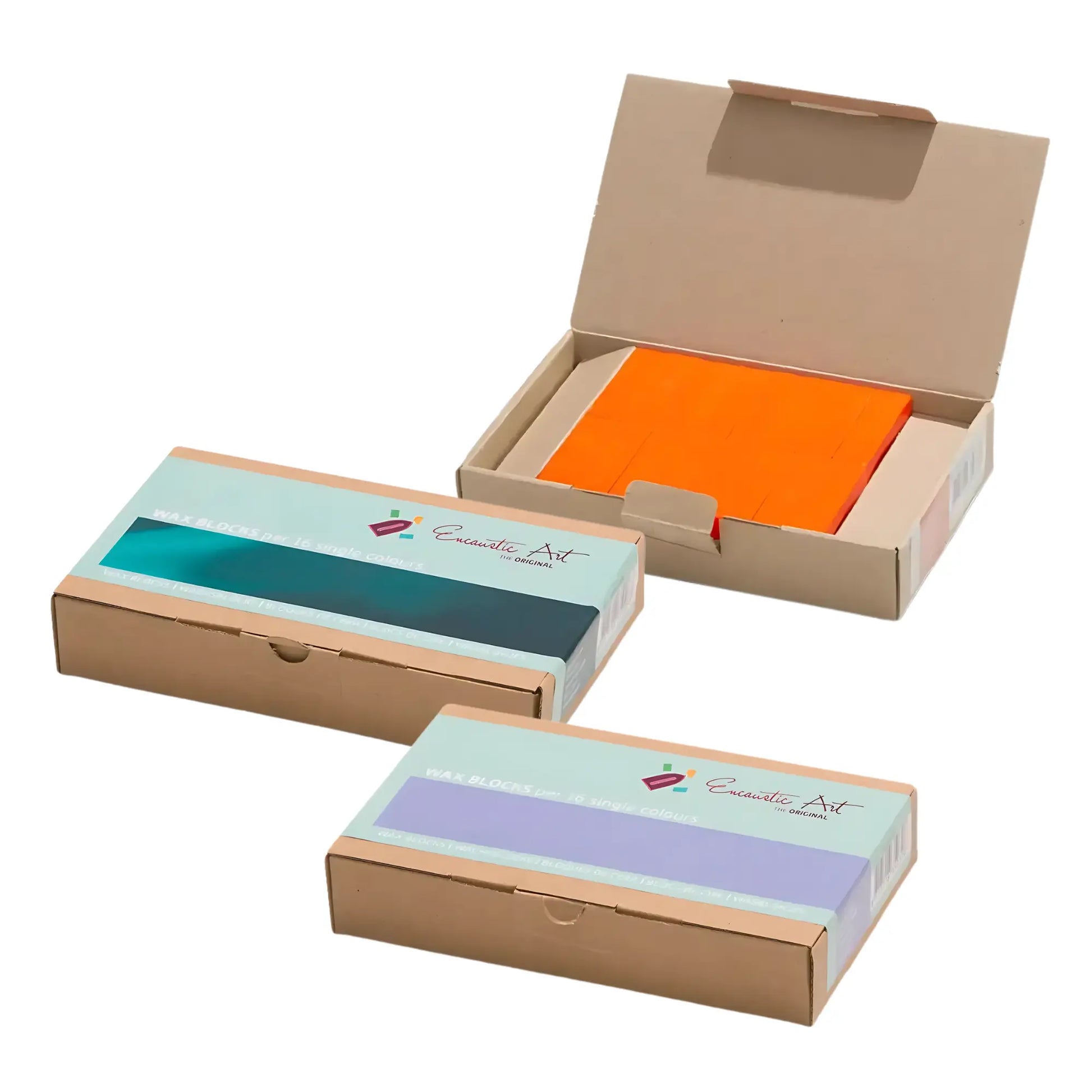 Three Encaustic Art cardboard boxes with colorful wax art blocks on a white background