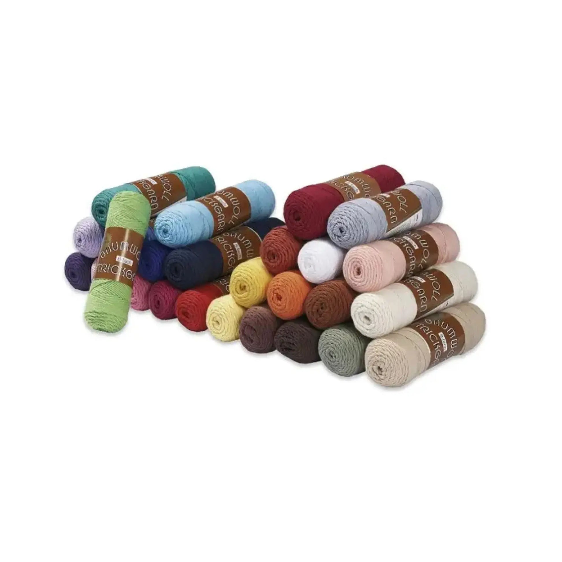 100% Cotton Yarn from The Netherlands in different colors stacked on top of each other in 3 and 4 rows