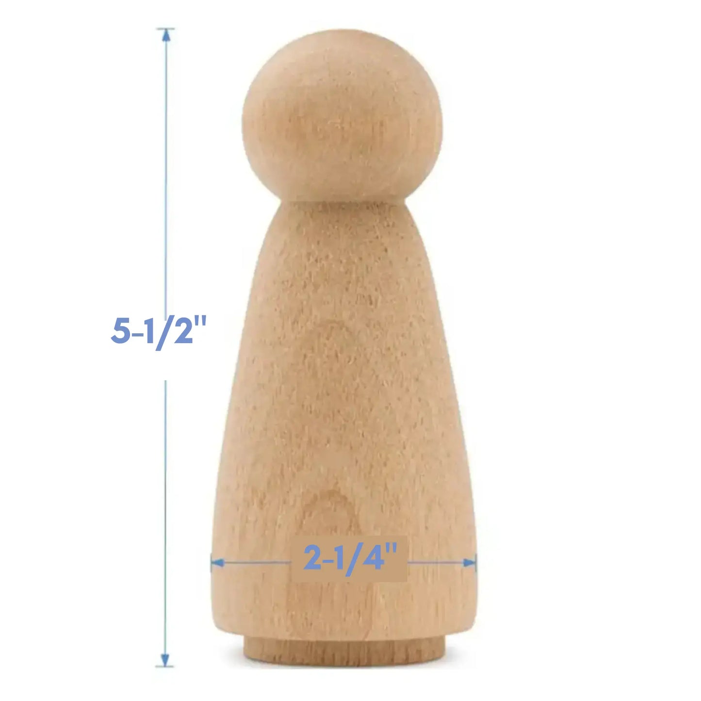 Wooden peg doll with measurements on a white background