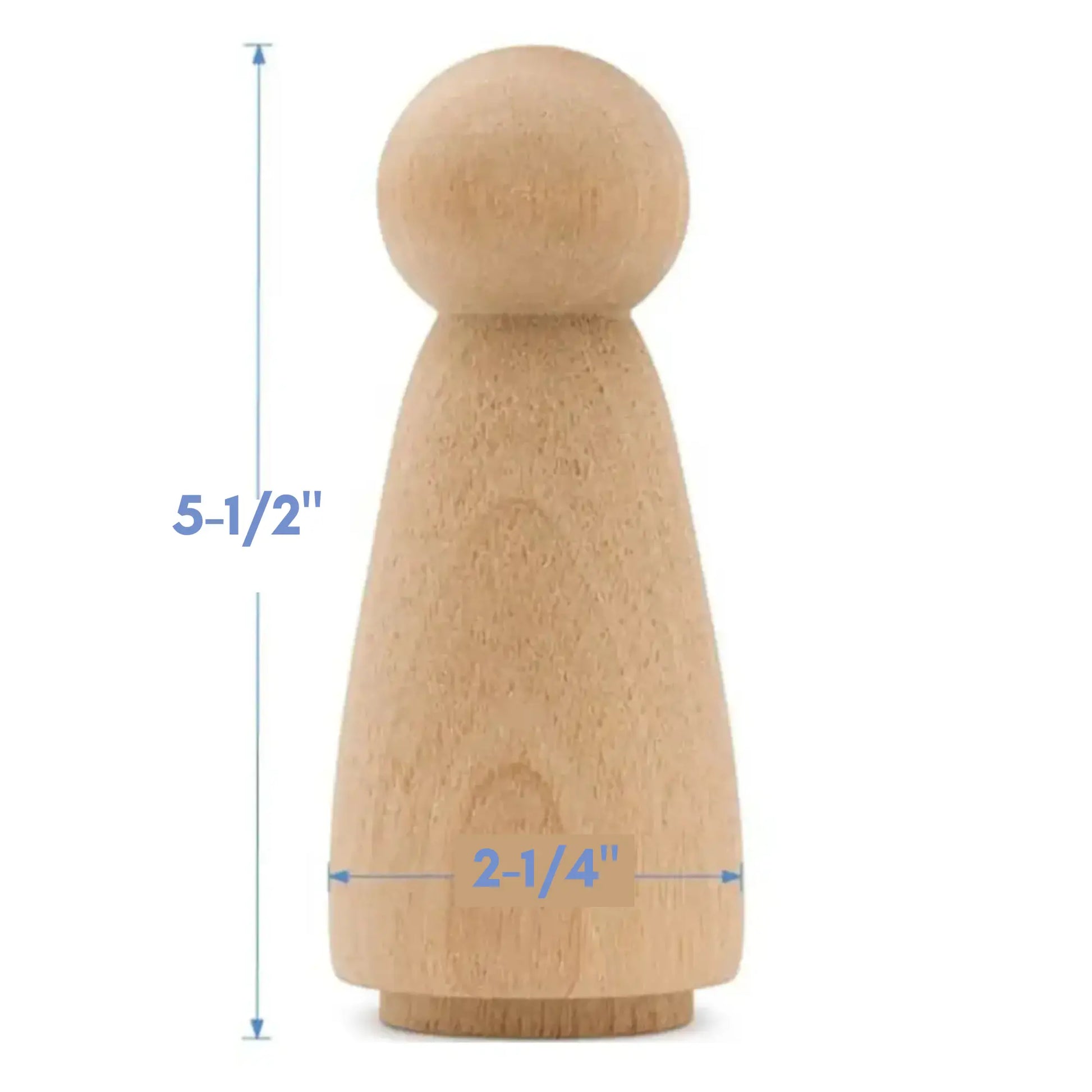 Wooden peg doll with measurements on a white background