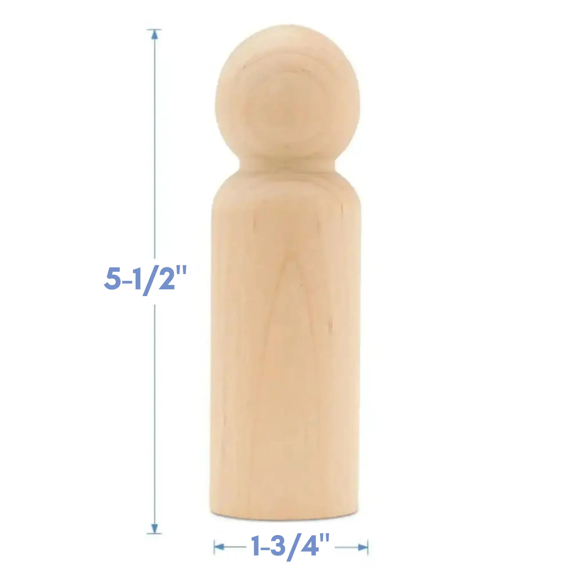Wooden peg figure with measurements on a white background