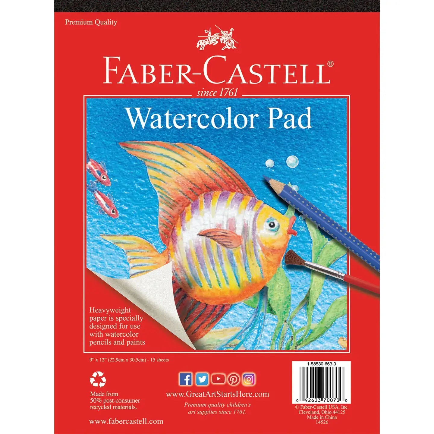 Faber-Castell watercolor pad packaging with a fish illustration on a red background