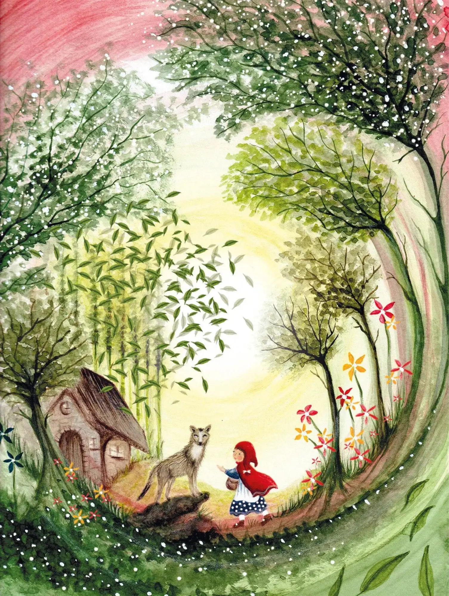 Illustration of a Little Red Riding Hood with a wolf in a forest setting