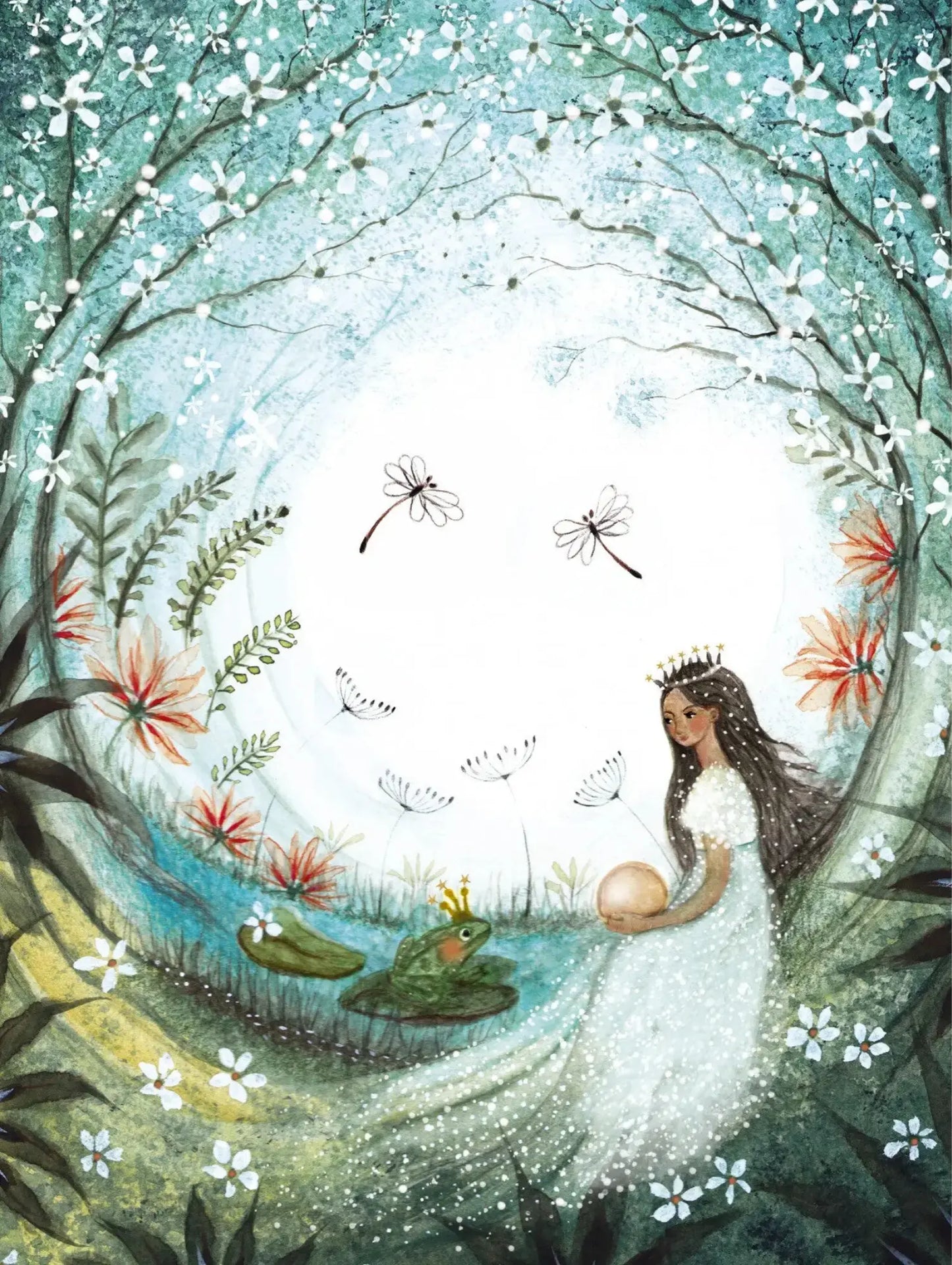 Illustration of The Princess and the Frog Fairytale with flowers and a pond