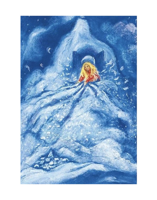 Waterolor llustration of the Fairytale Mother Hulda of girl shaking out snow onto the land below