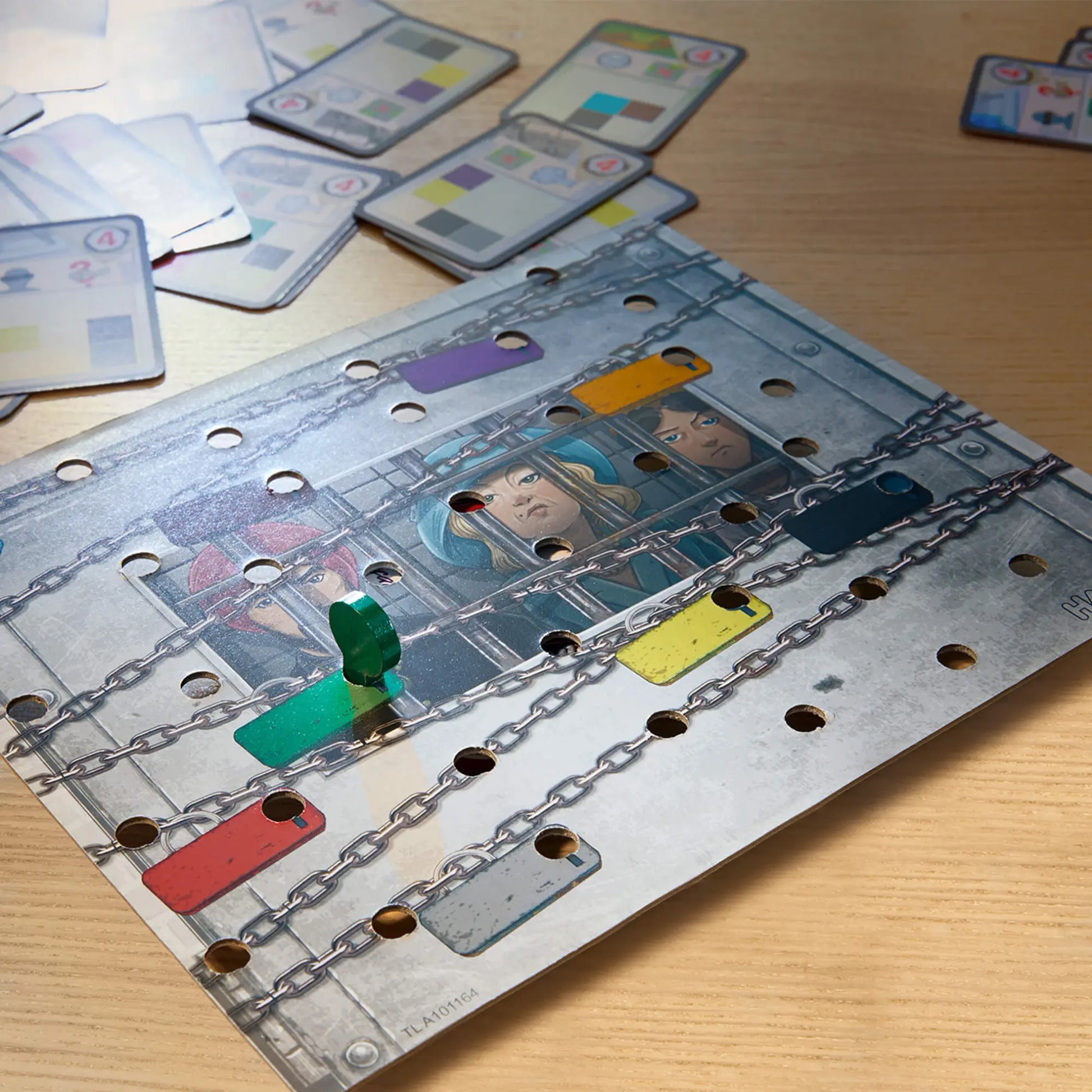 Mystery board game setup with cards and a board featuring characters and colored tags on a wooden surface.