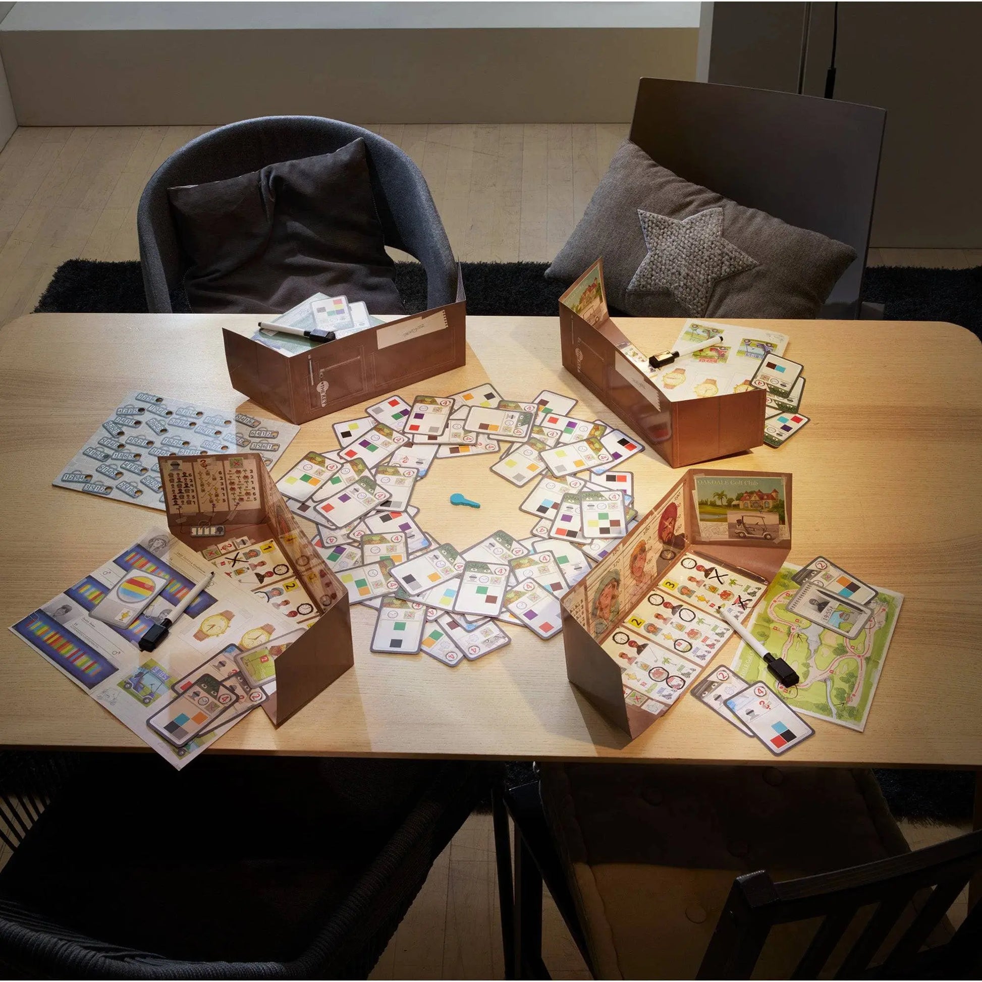 Family Friendly Mystery board game setup on a table with cards and pieces