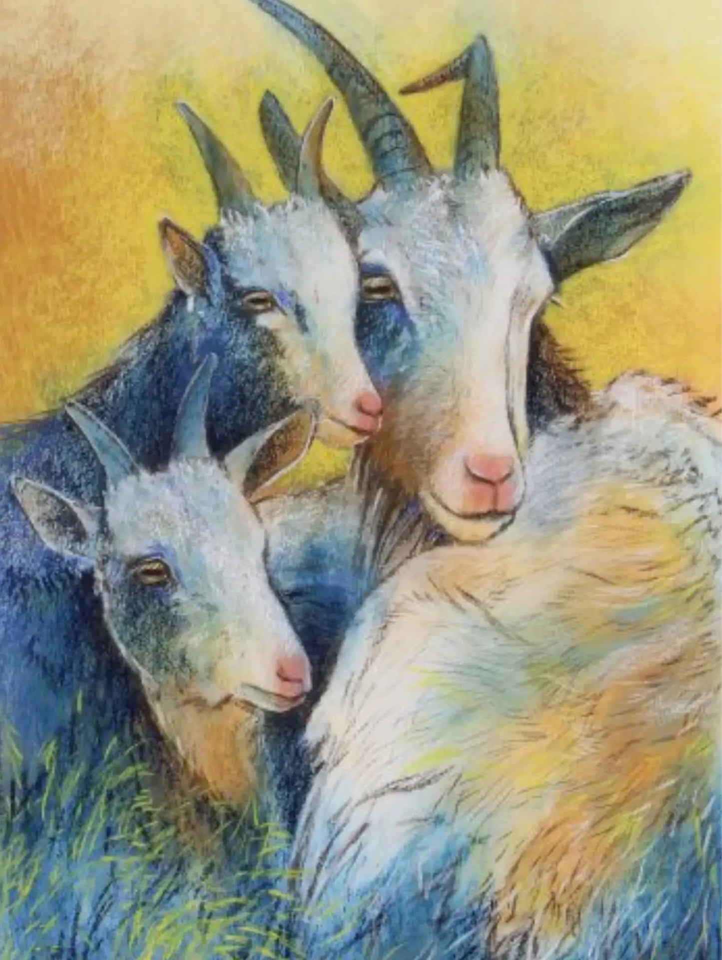 Loes Botman Postcard depiction of three goats with a colorful background