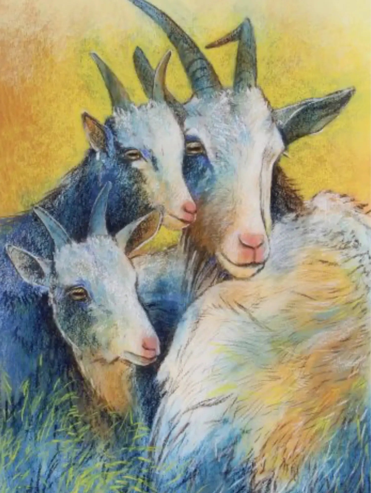 Loes Botman Postcard depiction of three goats with a colorful background