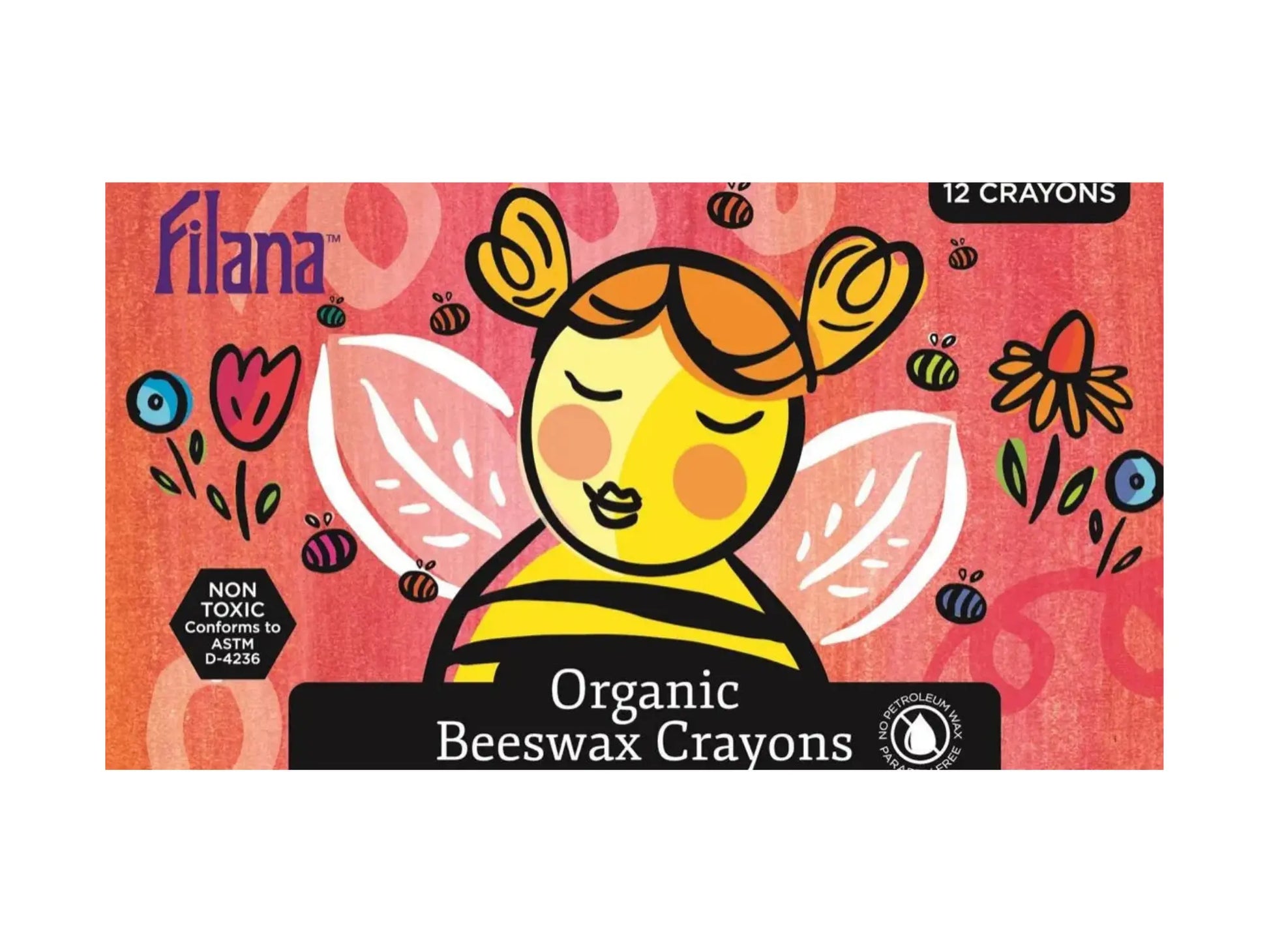Box of Filana organic beeswax crayons with a colorful design on a pink background