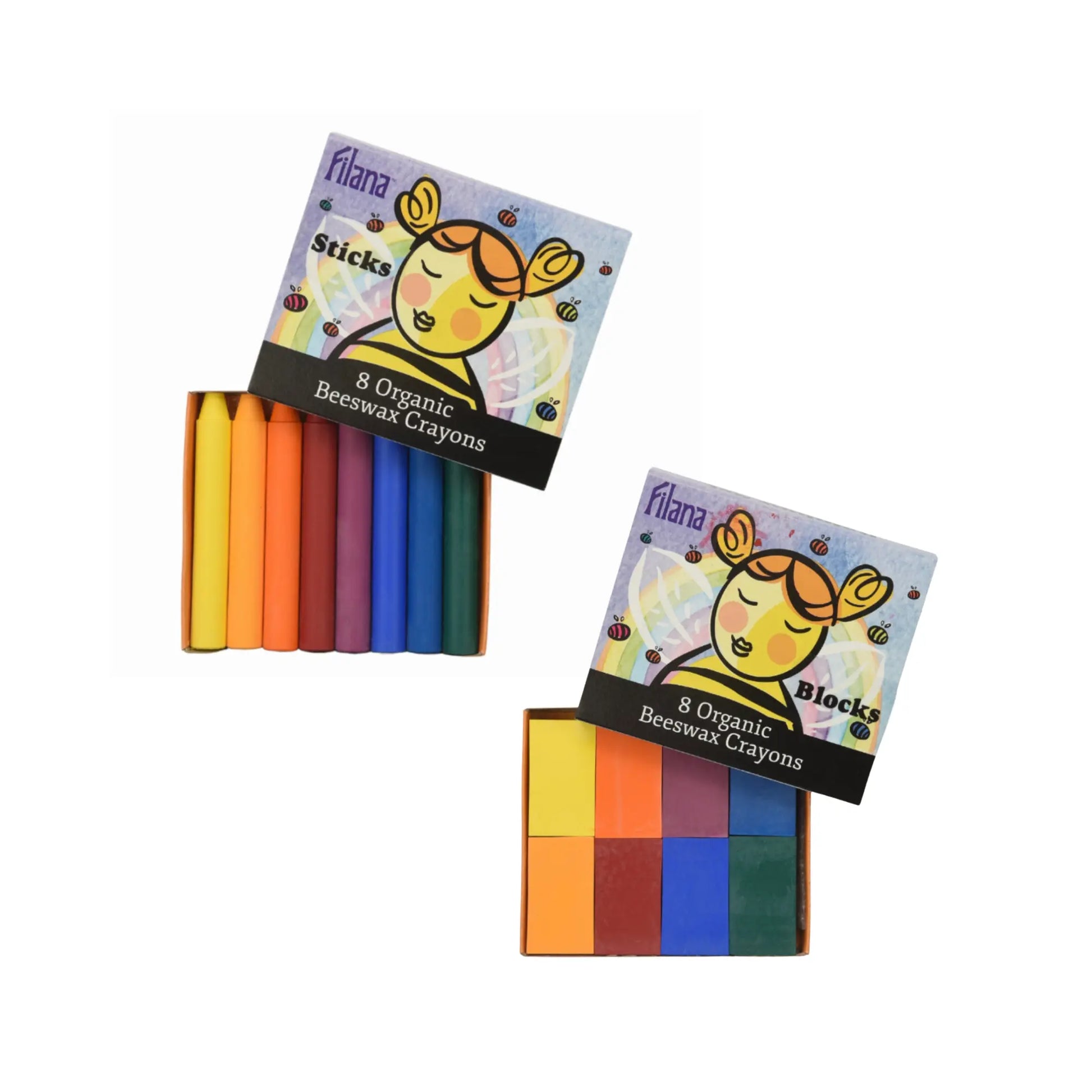 Two packs of Filana organic beeswax crayons, one with sticks and the other with blocks, on a white background.