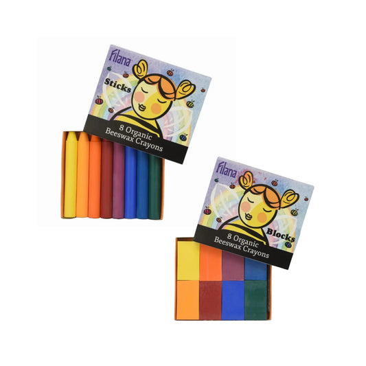 Two packs of Filana organic beeswax crayons, one with sticks and the other with blocks, on a white background.