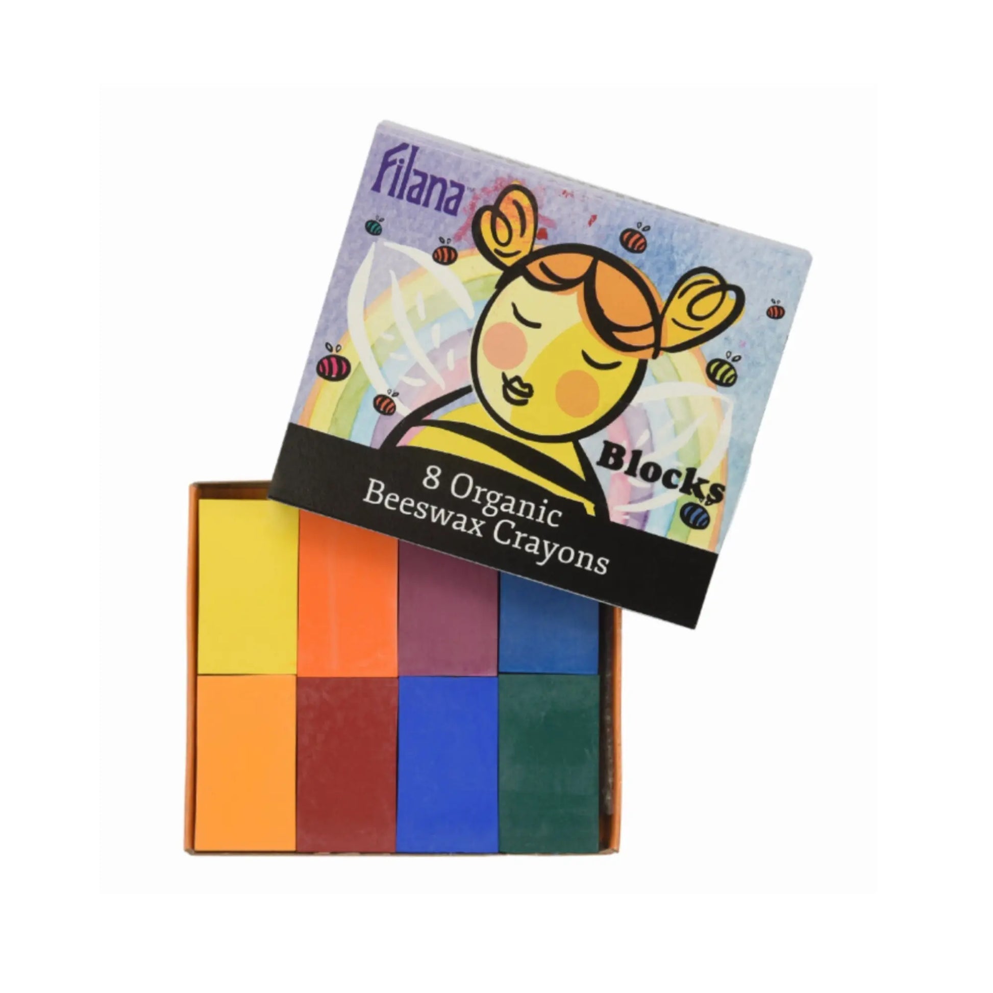 Set of organic beeswax crayons with colorful blocks and a branded box on a white background