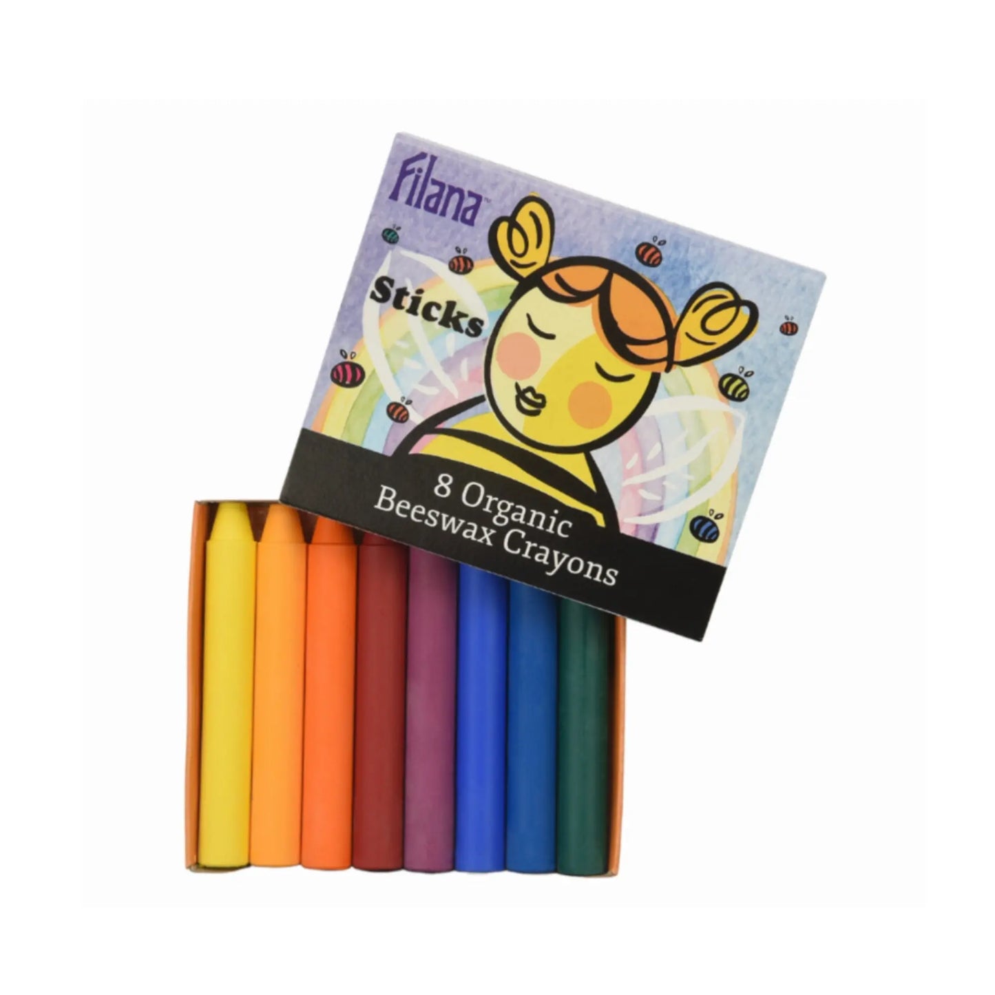Pack of organic beeswax crayons with colorful sticks and a branded packaging on a white background