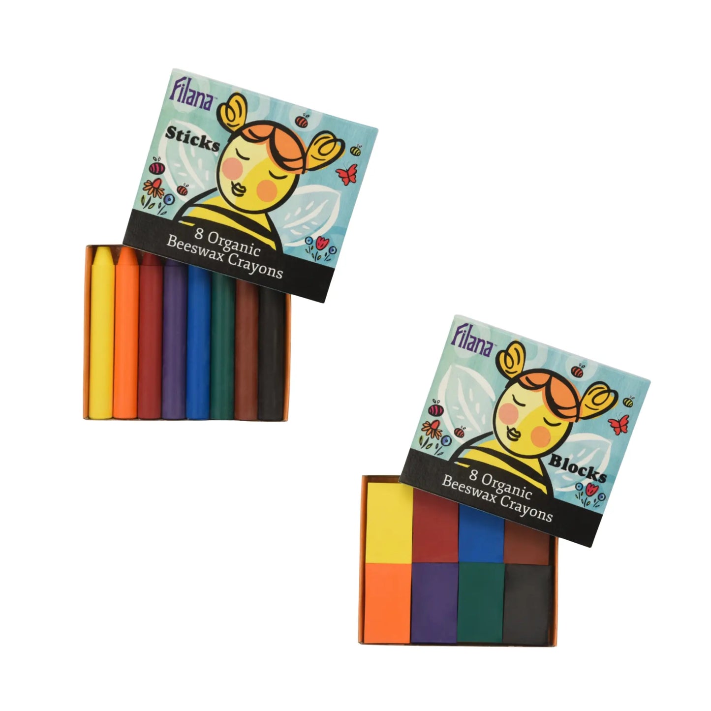 Two packs of organic beeswax crayons by Filana on a white background