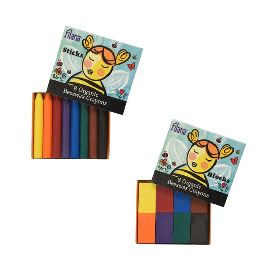 Two packs of organic beeswax crayons by Filana on a white background