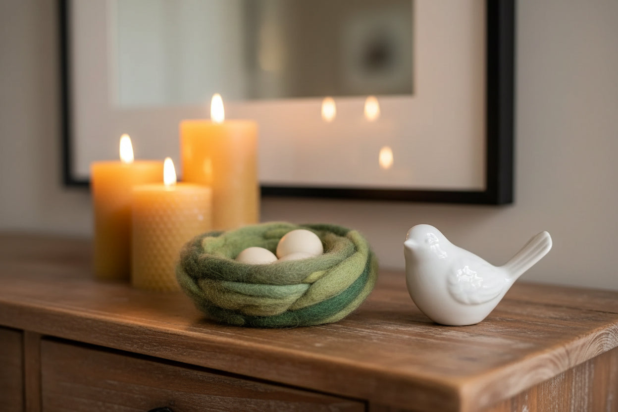 Needle felted wool nest with eggs next to a ceramic bird on a wooden entry hall table