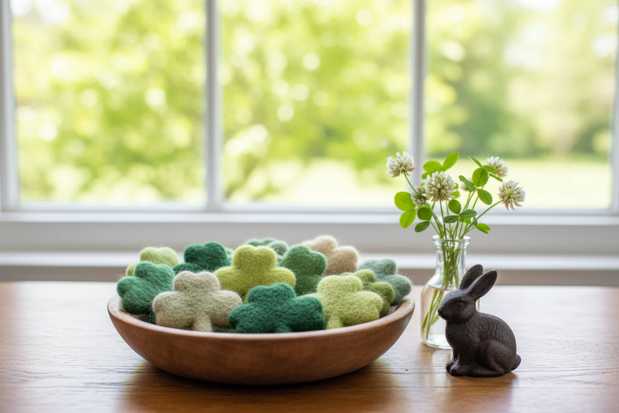 Bowl of wool felted shamrocks in different shades of green next to a small vase of clover and a cast iron bunny on a wooden table in front of a window