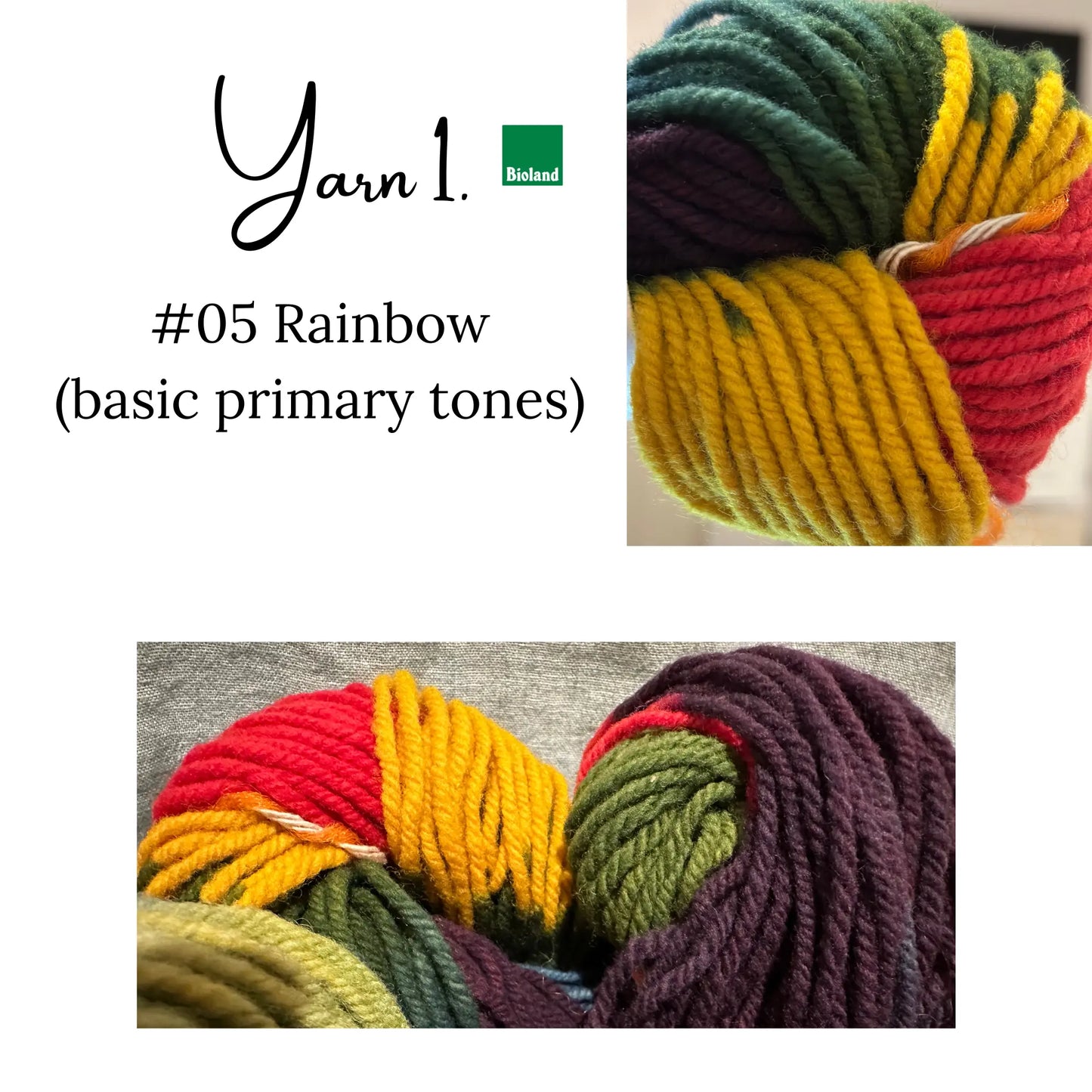 Colorful yarn ball labeled '#05 Rainbow' with basic primary tones on a white background.