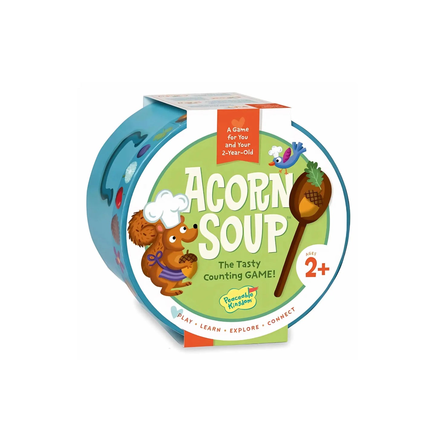 Toddler's first game box titled 'Acorn Soup' with a cartoon squirrel and wooden spoon on a white background.