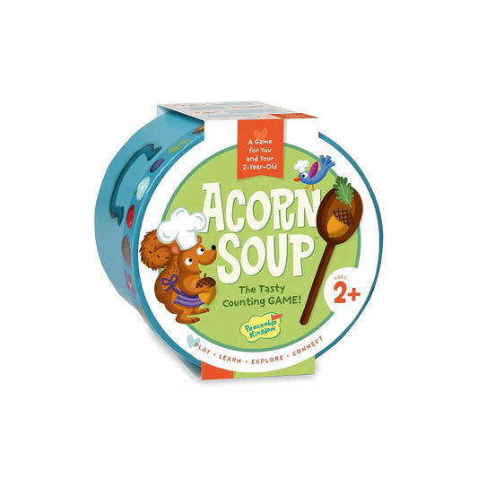 Toddler's first game box titled 'Acorn Soup' with a cartoon squirrel and wooden spoon on a white background.