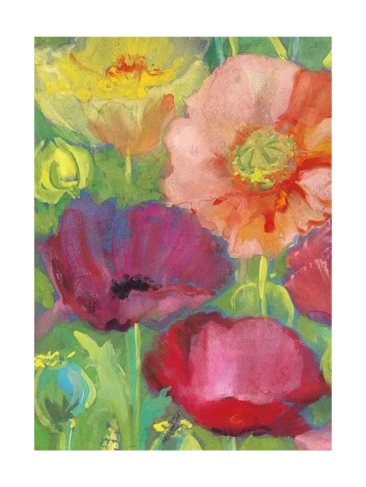 Colorful painting of flowers with a focus on poppies.