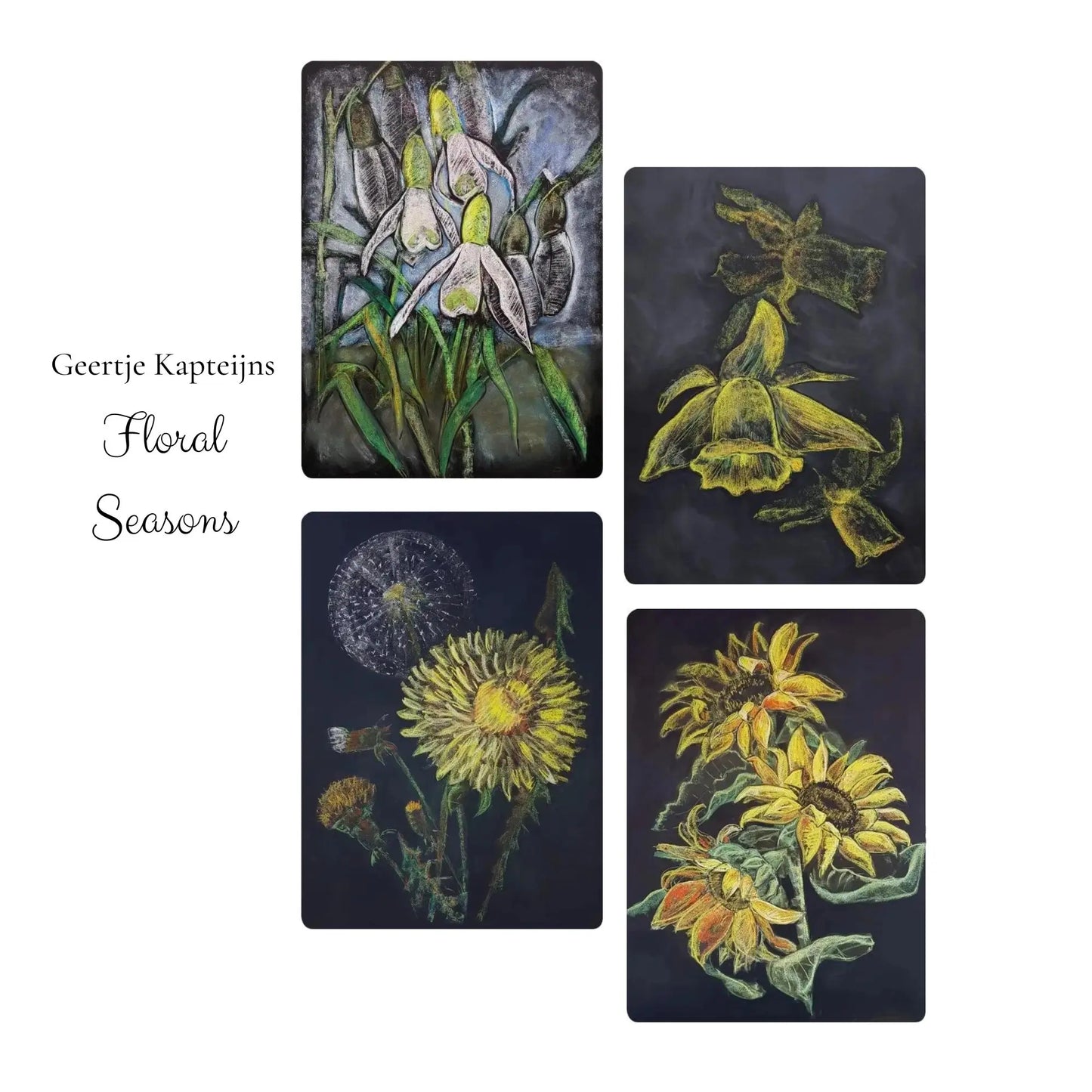 Four floral illustrations by Geertje Kapteijns on a white background