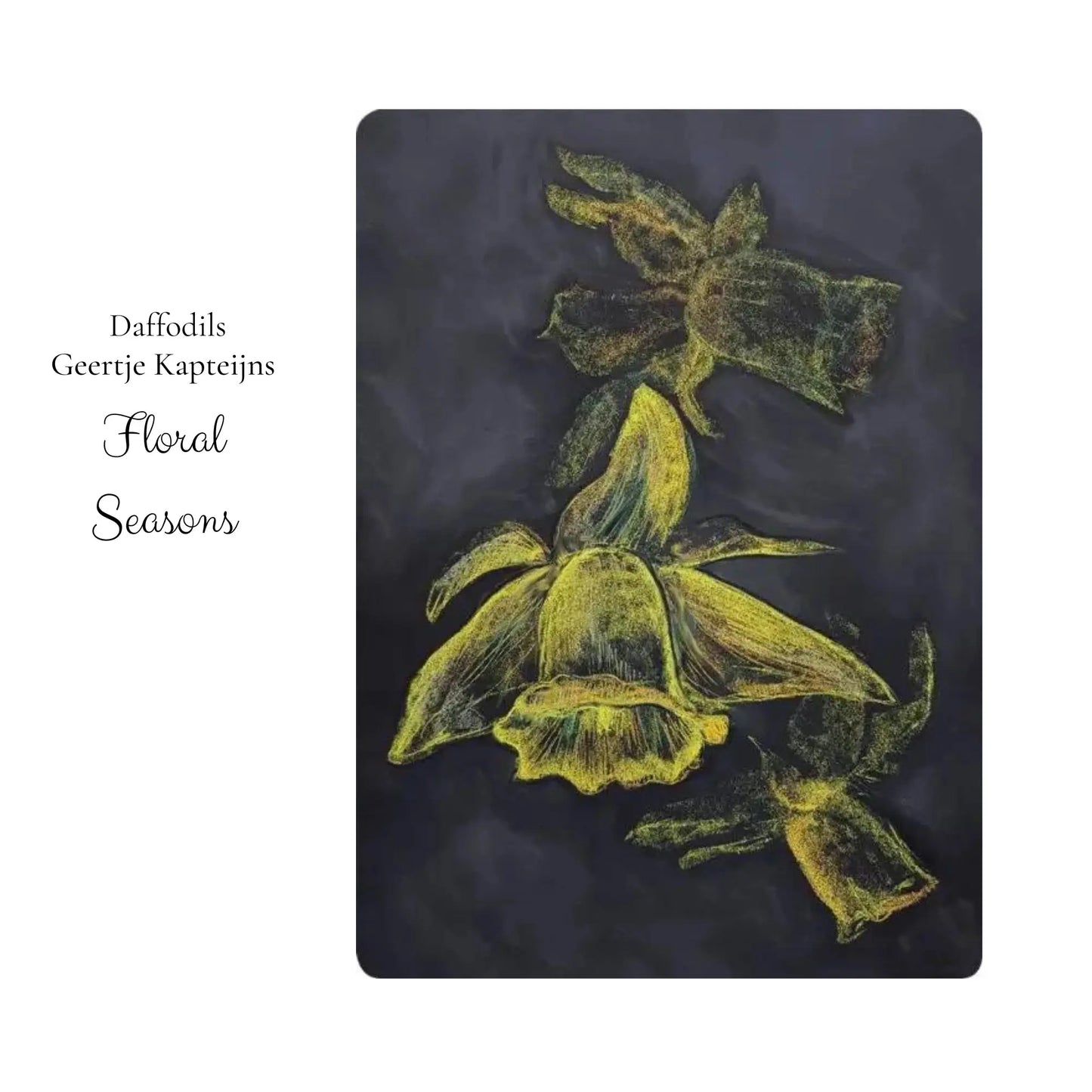 Floral design of daffodils on a dark background with text 'Daffodils Geertje Kapteijns Floral Seasons'.