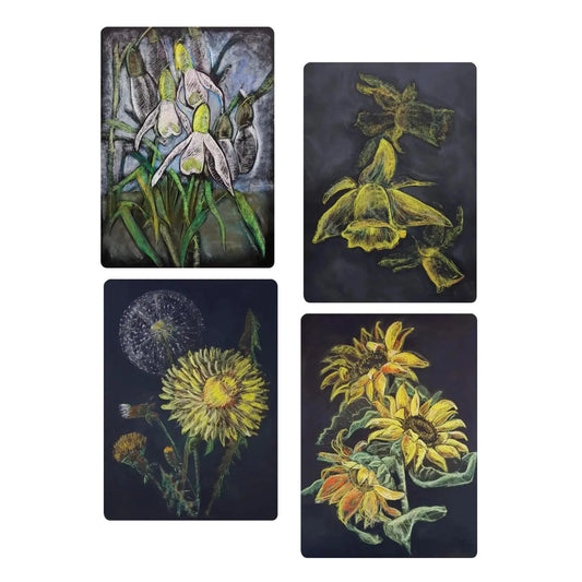 Set of four floral illustrations on black backgrounds