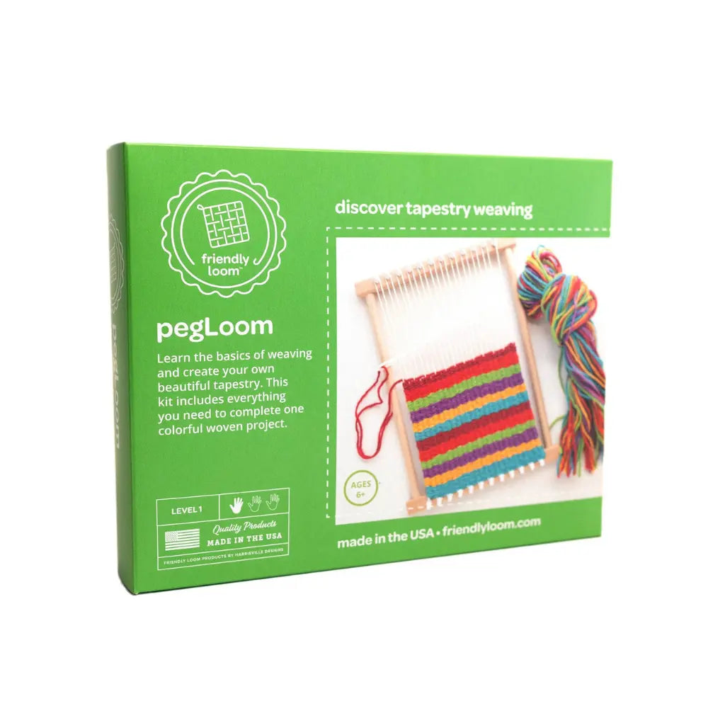 PegLoom tapestry weaving kit for kids packaging with colorful yarn on a white background