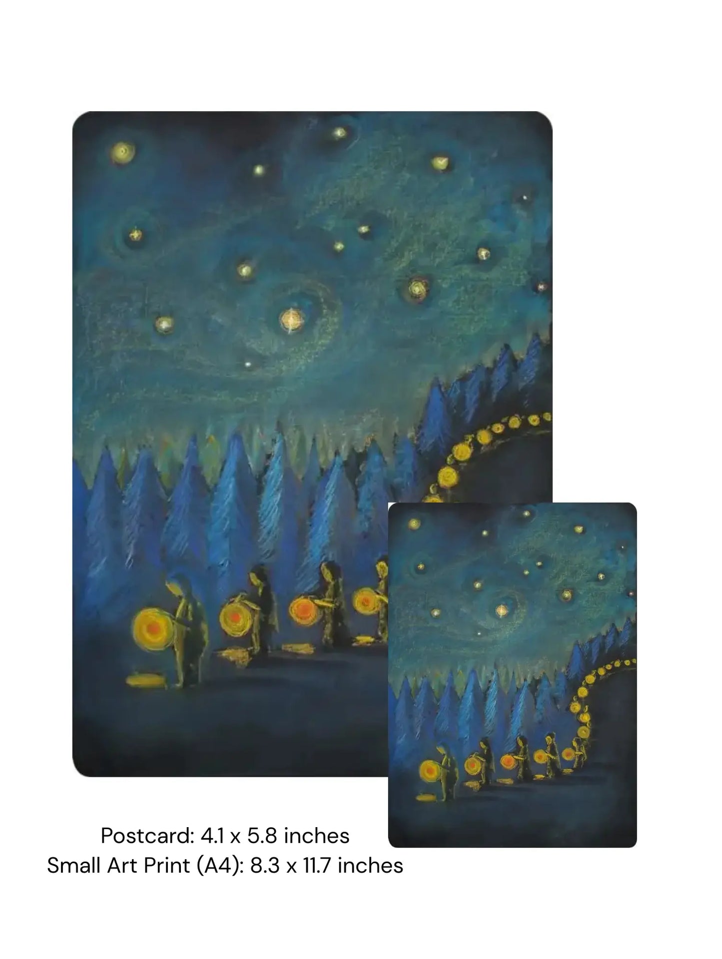 Artistic depiction of people under a starry night sky on a lantern walk with two sizes shown.