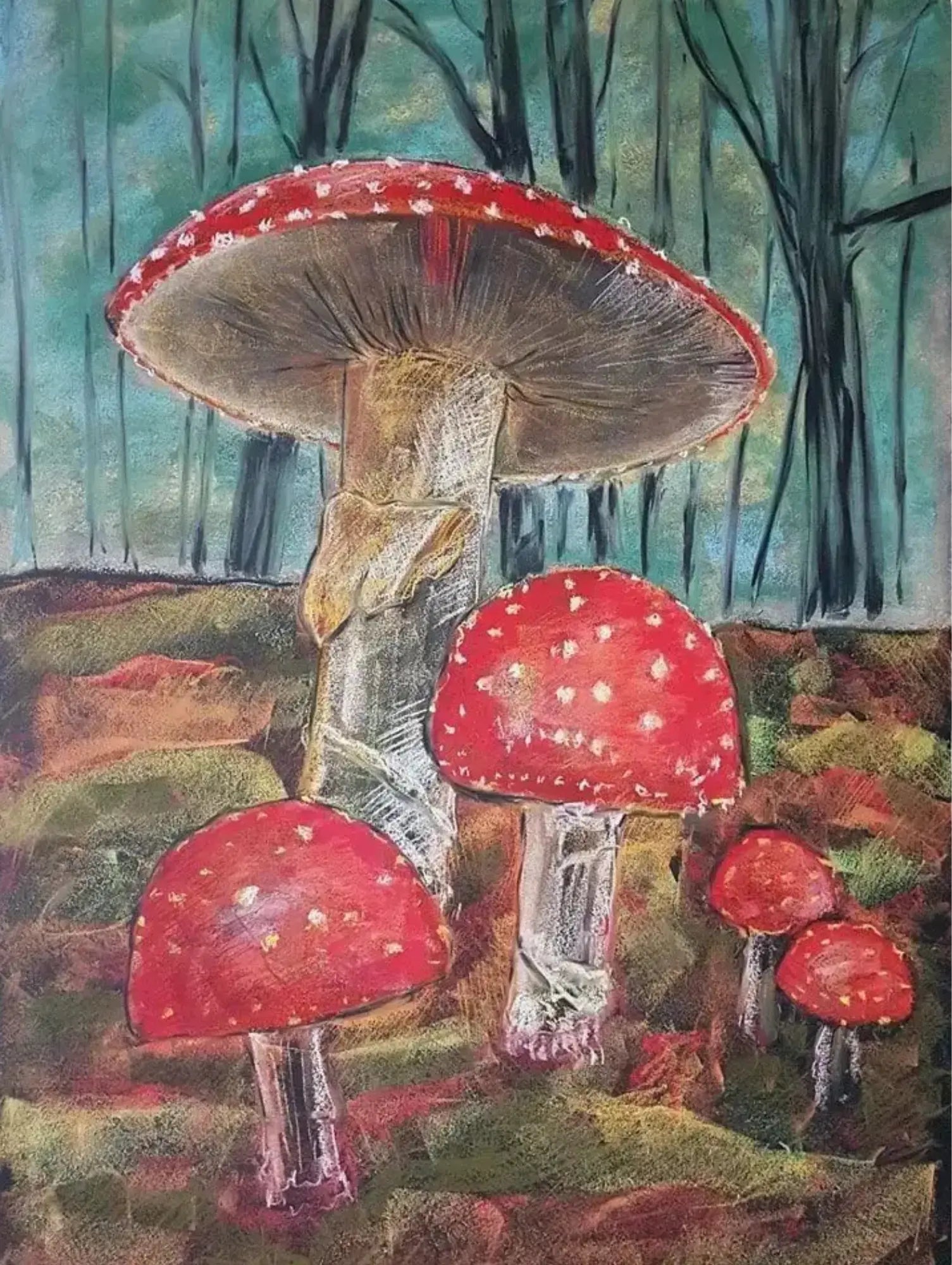 Chalk art of red mushrooms with white spots in a forest setting