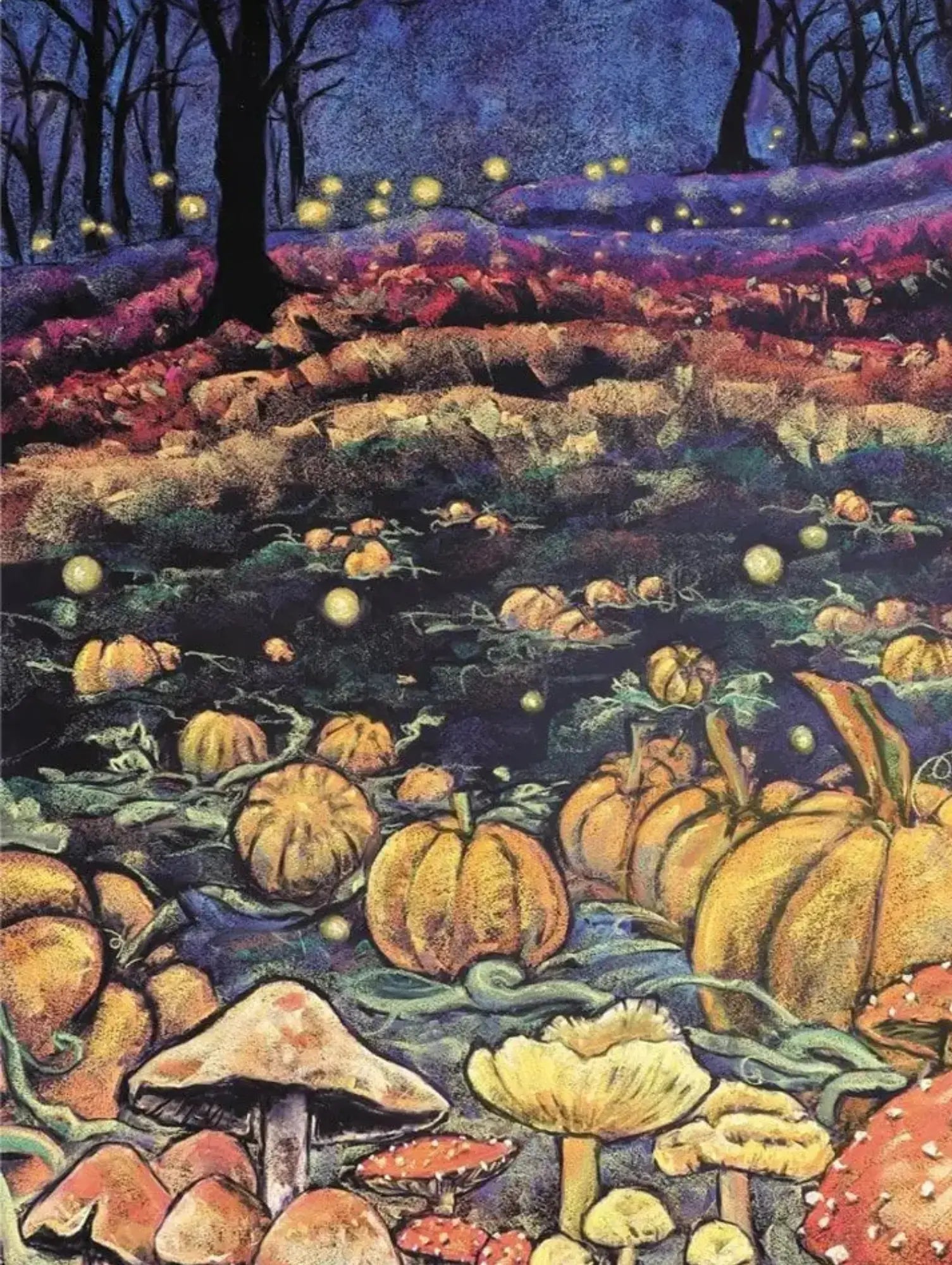 Autumnal scene with pumpkins, mushrooms, and glowing lights in a forest setting.