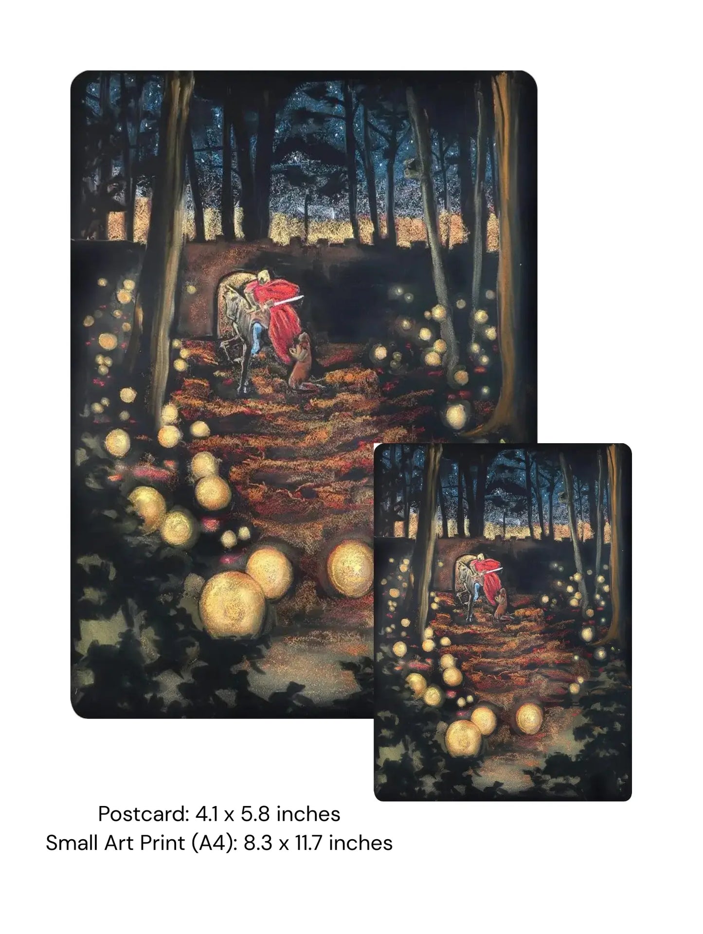 Framed artwork of a couple in a forest with glowing lights, displayed on a white background.