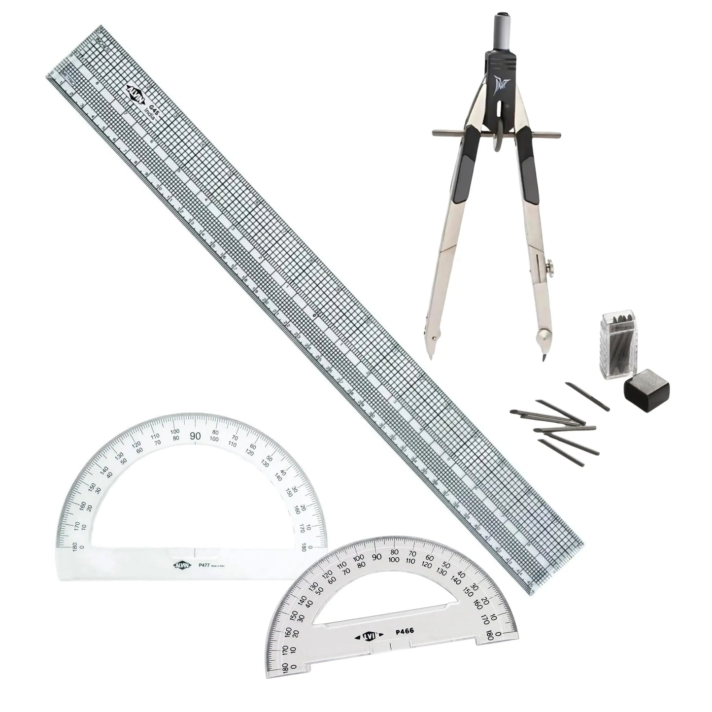Set of drafting tools including a ruler, compasses, and protractors on a white background