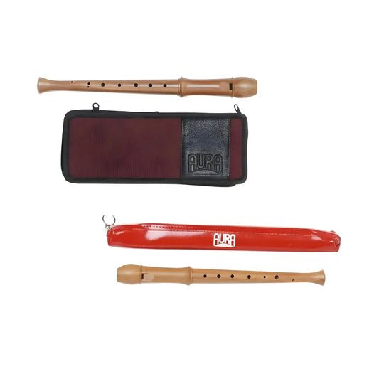 Two German Fingering Wooden Recorders by Aura with marroon bag and red bag