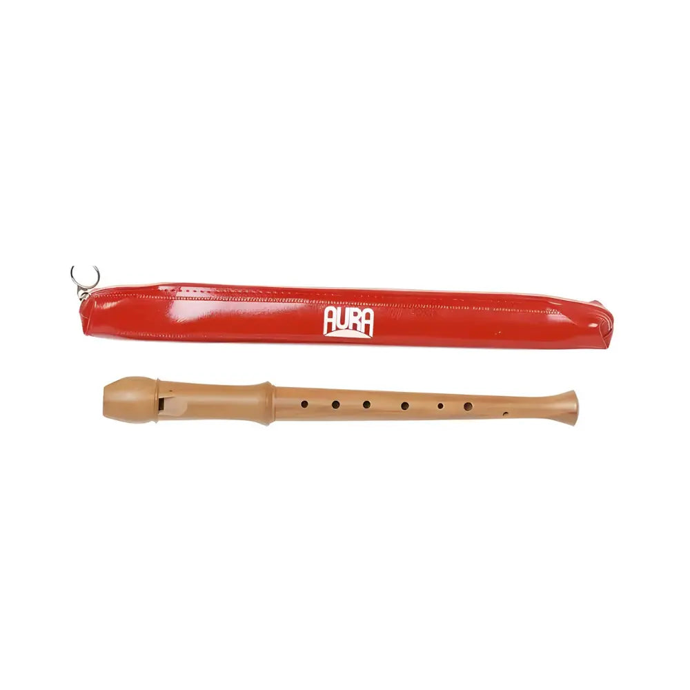 Red case with a wooden recorder inside on a white background