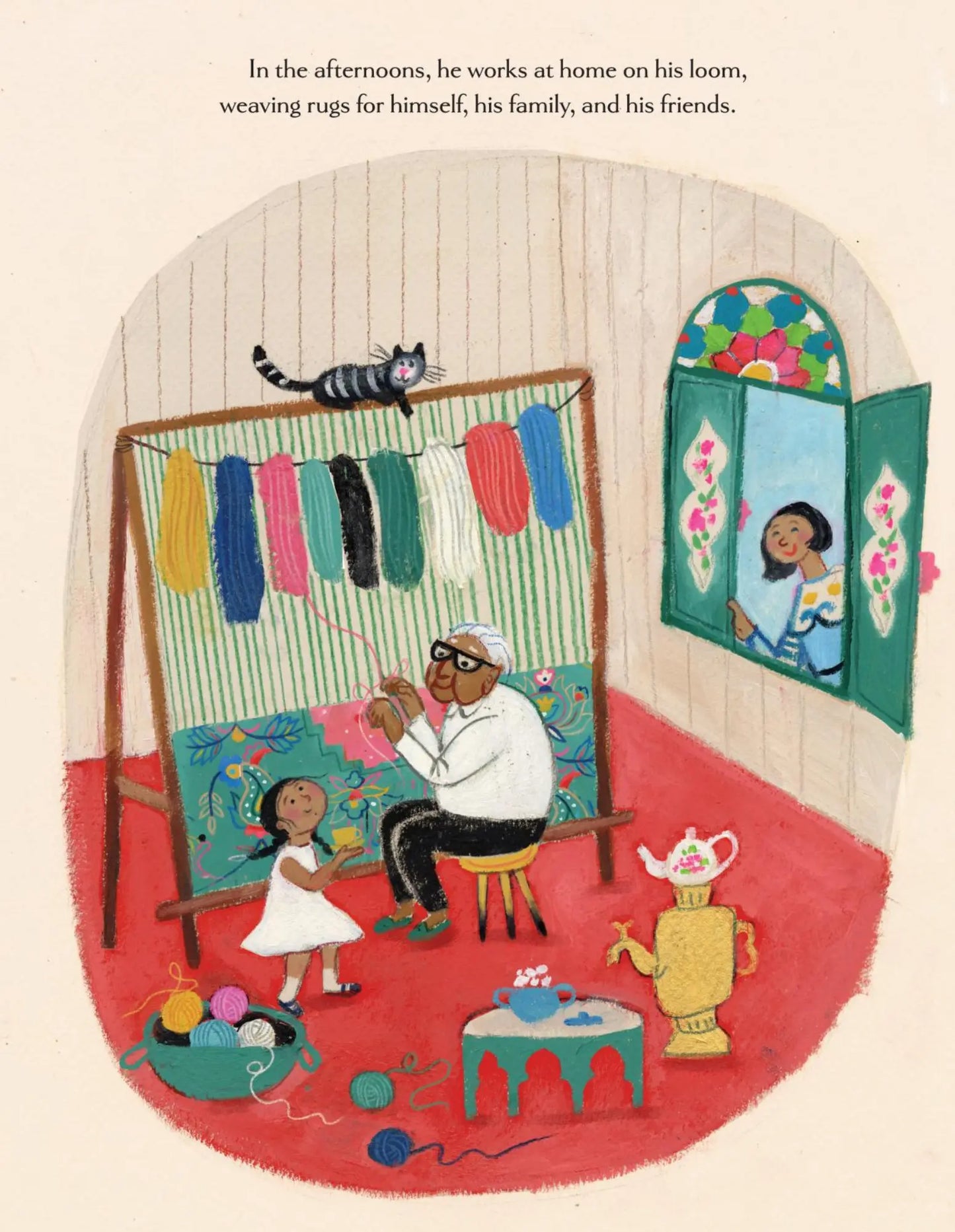 Illustration of a man weaving at home with a child and cat, featuring colorful yarn and a window with floral decorations.
