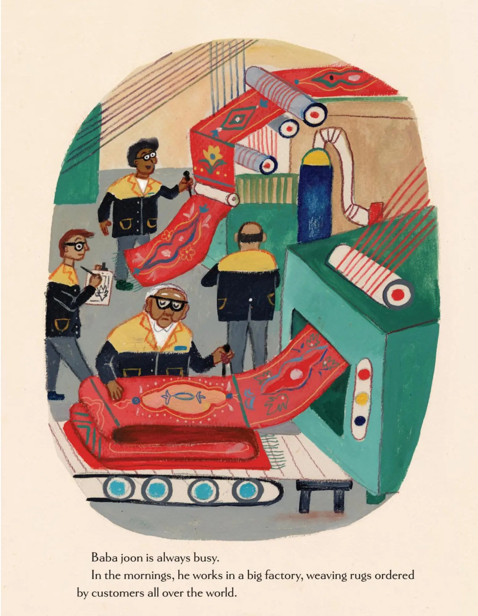 Illustration of a factory scene with workers weaving rugs.