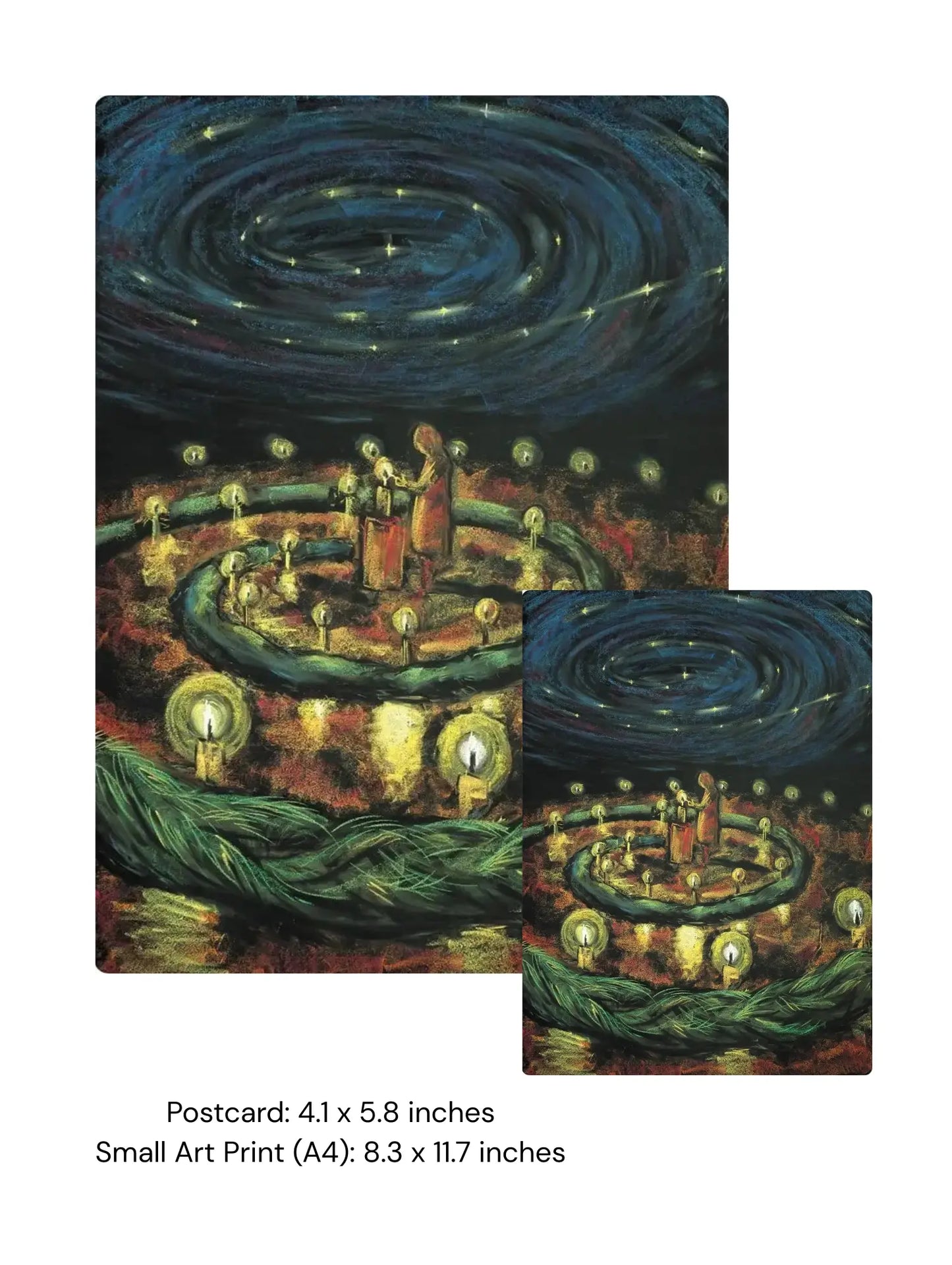 Artistic depiction of a spiral night sky with people and lights, including a postcard and small art print size comparison.