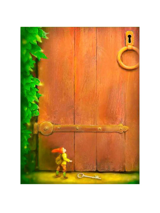 Wooden door with a key and a small figure standing in front on a white background