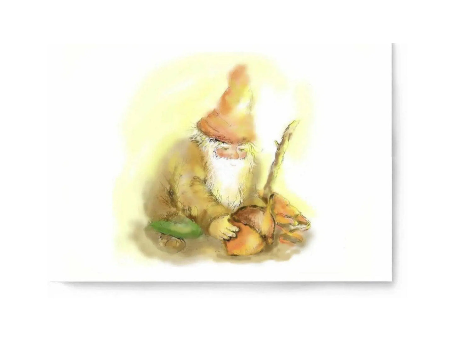 Gnome kneeling planting an acorn on a white card