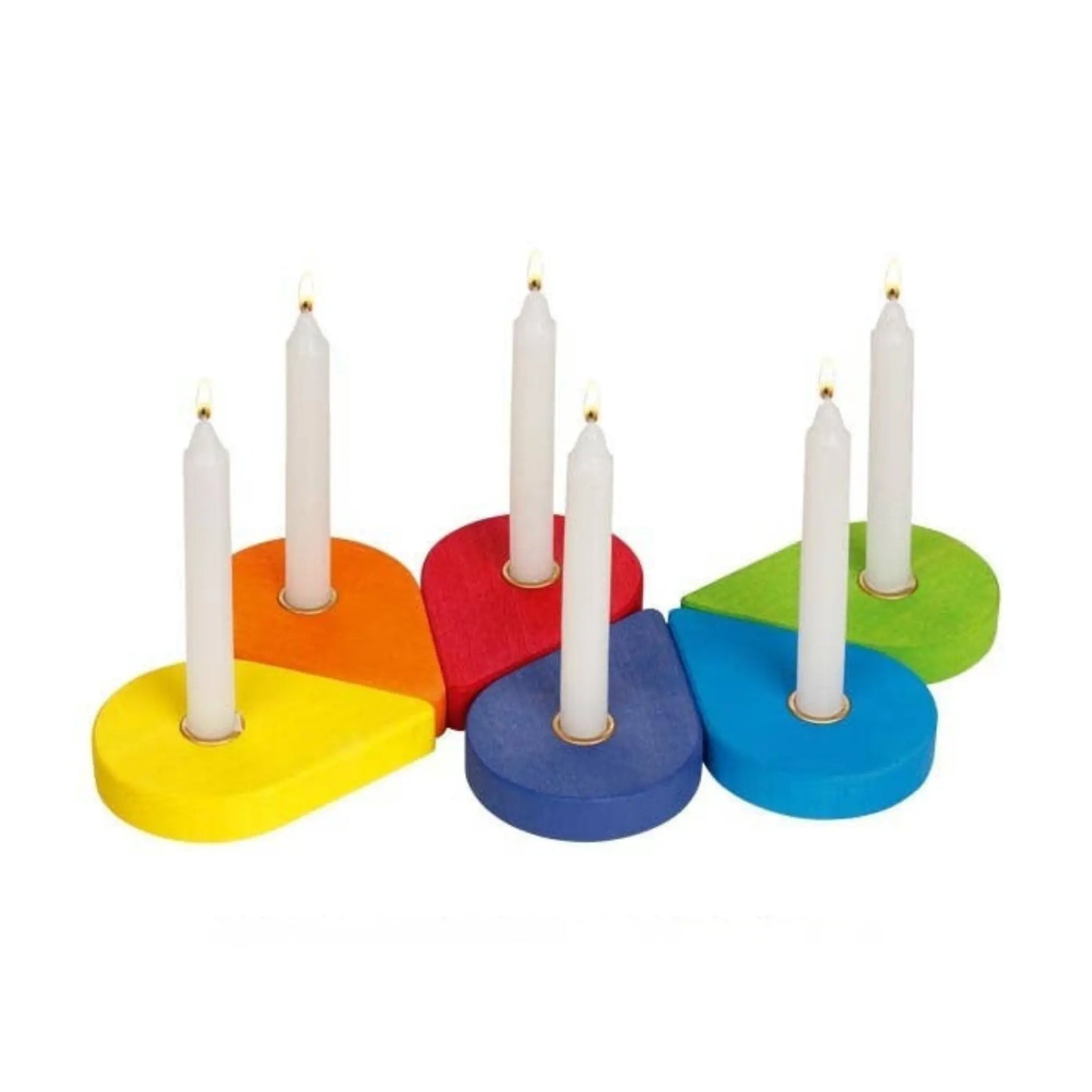 Colorful candle holder with six white candles on a white background