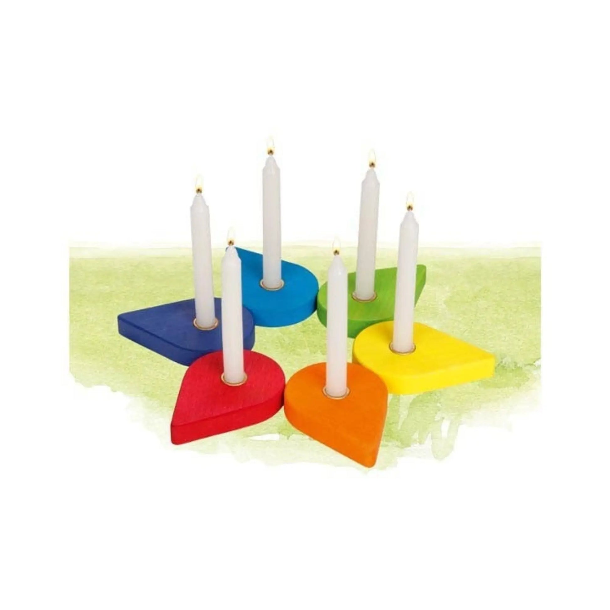 Colorful candle holder birthday wreath in a ring pattern with candles on a white background