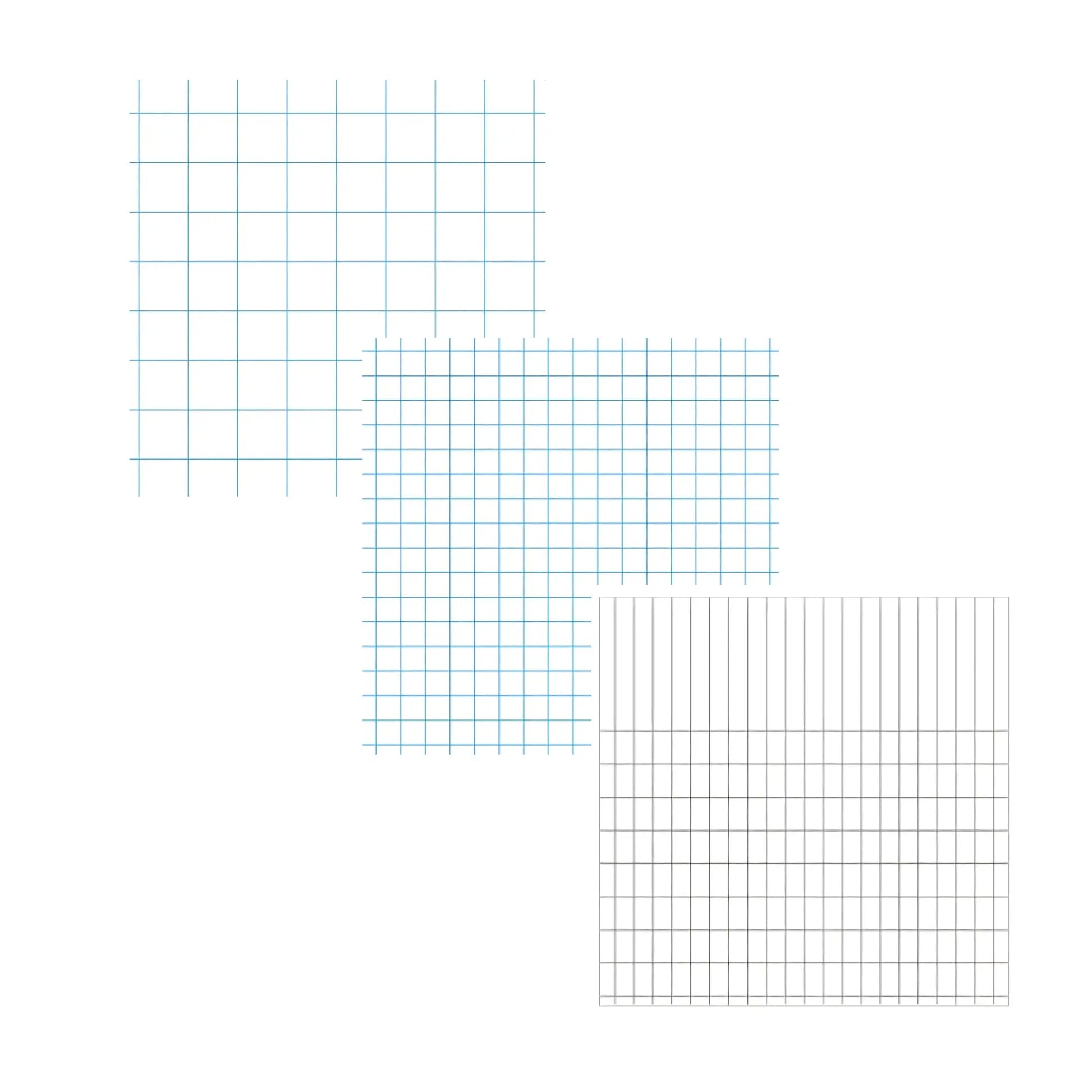 Three different woodless graph paper types on a white background